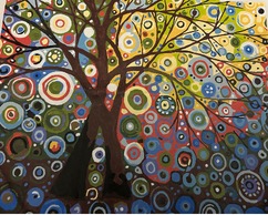 A painting of a tree whose canopy is made of concentric circles in many colours